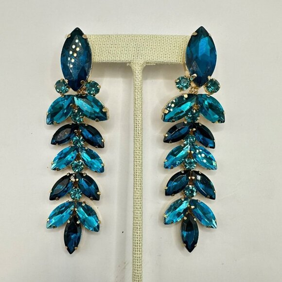 Blue Cascade Rhinestone Crystal Dangled Drop Earrings - Picture 3 of 6